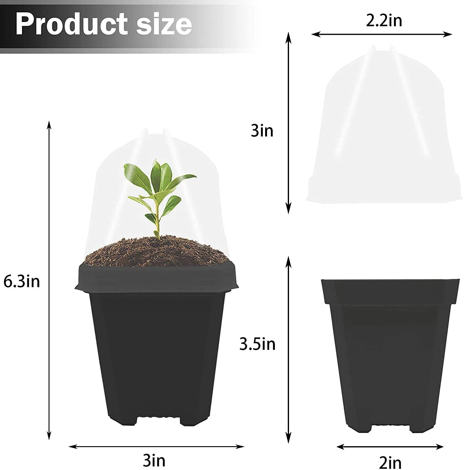 EBaokuup 10PCS Plant Nursery Pots with Humidity Dome, 3" Soft Plastic Gardening Pot Square Plant Container, Seed Starting Pot with Drain Holes for Seedlings/Vegetables/Succulents/Cuttings