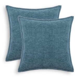 calitime throw pillow cases pack of 2 cotton thread stitching edges solid dyed soft chenille cushion covers for couch sofa home farmhouse decoration 18 x 18 inches smoke blue