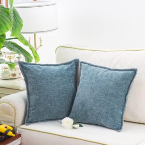 CaliTime Throw Pillow Cases Pack of 2 Cotton Thread Stitching Edges Solid Dyed Soft Chenille Cushion Covers for Couch Sofa Home Farmhouse Decoration 18 X 18 Inches Smoke Blue