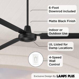 Casa Vieja 72" Velocity Modern Large 3 Blade Indoor Outdoor Ceiling Fan with Wall Control Matte Black Metal Damp Rated Patio Exterior House Home Porch Living Room Gazebo Garage Barn Roof