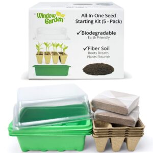 window garden biodegradable seed starter kit (5 pack)- eco friendly recycled paper pulp plant pots, plant trays, humidity dome and fiber potting soil, herb garden kit indoor windowsill, garden gift