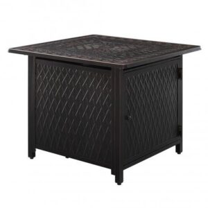 fire sense 63694 cartney woven aluminum convertible gas fire pit table 37,000 btu outdoor multi-functional fire pit with fire bowl lid, nylon weather cover & clear fire glass - bronze finish - square