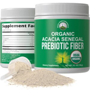 organic acacia senegal prebiotic fiber powder. usda organic plant based vegan prebiotics supplement for gut health. with digestive enzymes for digestion, roughage without bloating, gas