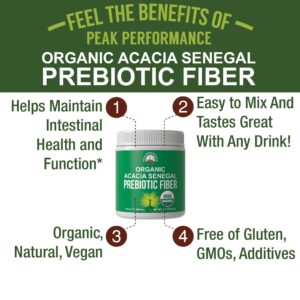 Organic Acacia Senegal Prebiotic Fiber Powder. USDA Organic Plant Based Vegan Prebiotics Supplement for Gut Health. with Digestive Enzymes for Digestion, Roughage Without Bloating, Gas