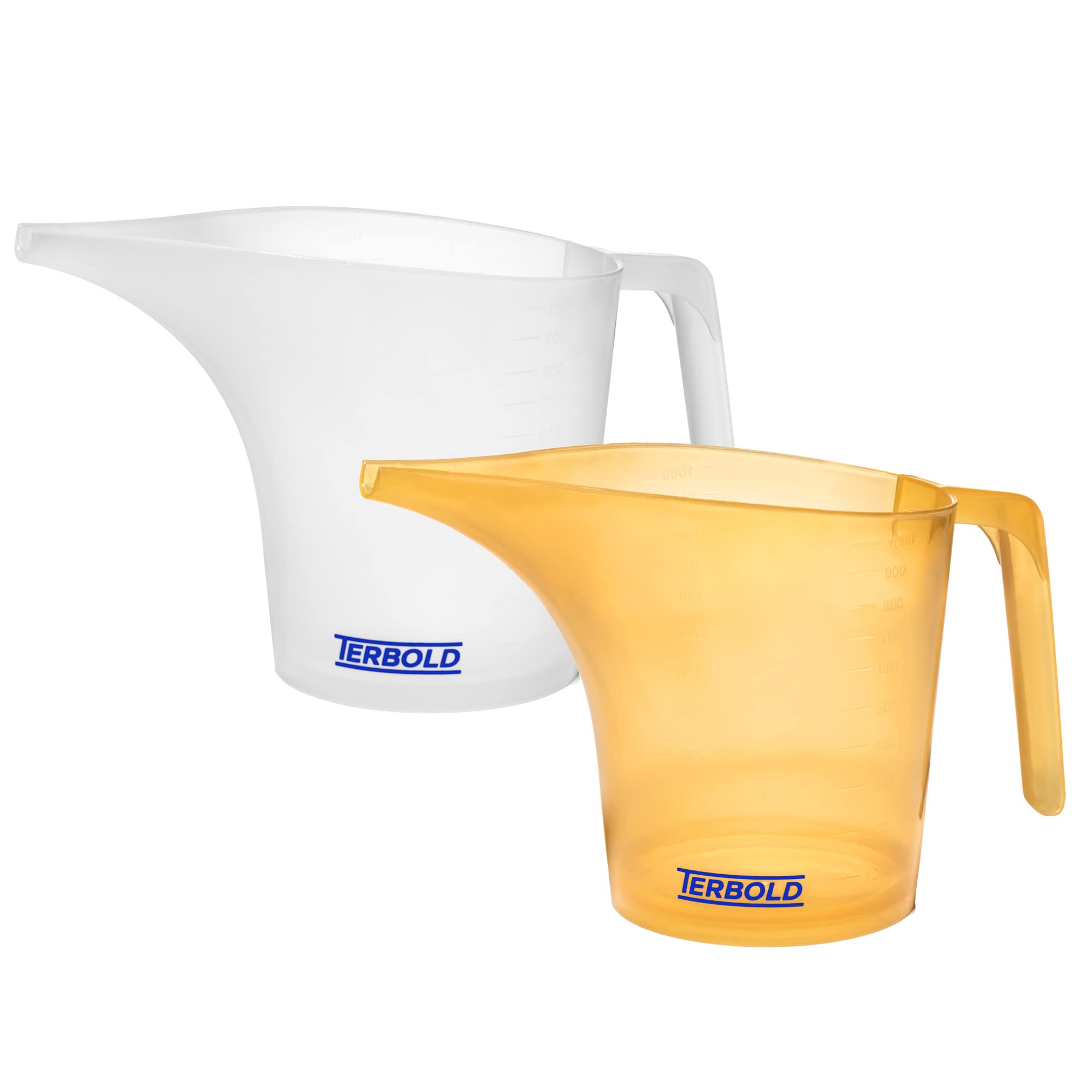 Terbold Funnel Pitcher with Spout 2pc Set | 1 Liter Plastic Measuring Pitchers for Cake, Pancake Dispenser, Soap Pouring or Oil Automotive use