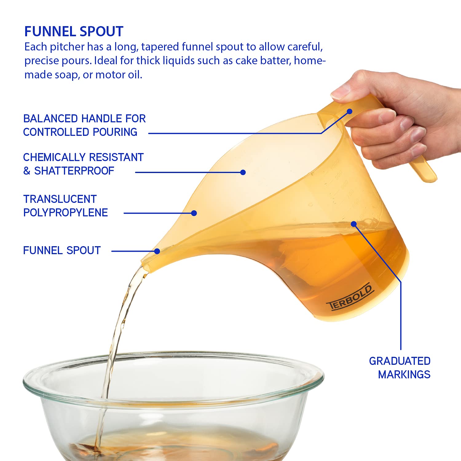 Terbold Funnel Pitcher with Spout 2pc Set | 1 Liter Plastic Measuring Pitchers for Cake, Pancake Dispenser, Soap Pouring or Oil Automotive use