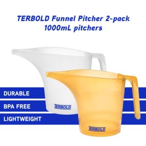 Terbold Funnel Pitcher with Spout 2pc Set | 1 Liter Plastic Measuring Pitchers for Cake, Pancake Dispenser, Soap Pouring or Oil Automotive use