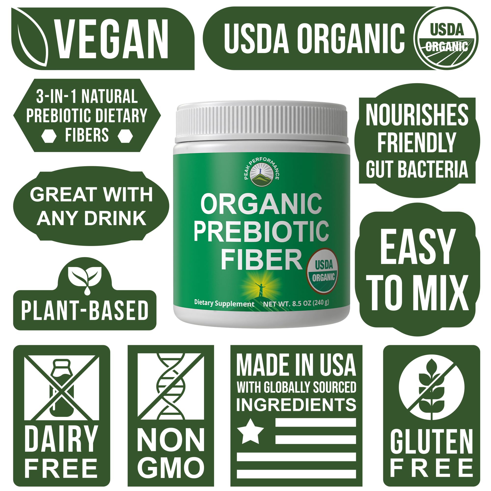 Organic Prebiotic Fiber 3-in-1 Vegan Powder for Gut Health. USDA Organic Raw Whole Food Plant Based Prebiotics Digestive Supplement with Organic Inulin (Jerusalem Artichoke), Acacia Fibers, SunFiber