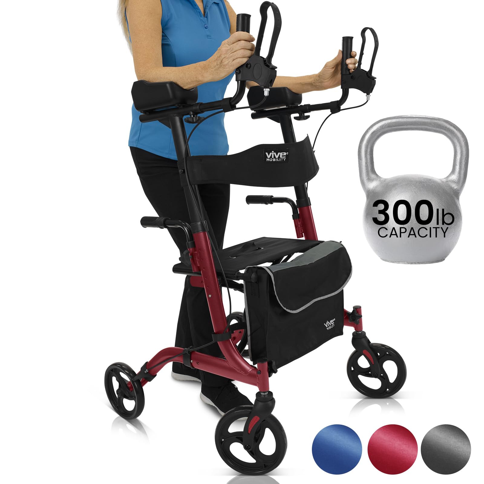 Vive Mobility Upright Walker with Seat - Stand Up Rollator, Arm Rests, Heavy Duty, Folding Medical Aid Scooter for Elderly, Seniors - Walking Assist, Foldable Transport Chair - 300 lb Capacity