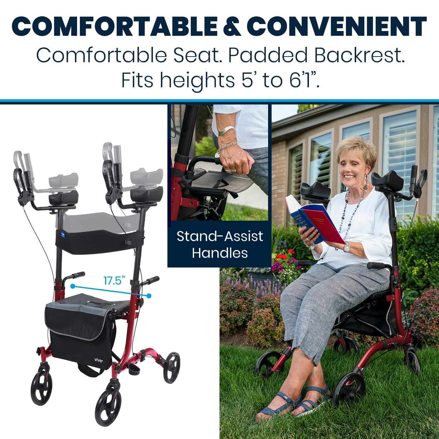 Vive Mobility Upright Walker with Seat - Stand Up Rollator, Arm Rests, Heavy Duty, Folding Medical Aid Scooter for Elderly, Seniors - Walking Assist, Foldable Transport Chair - 300 lb Capacity