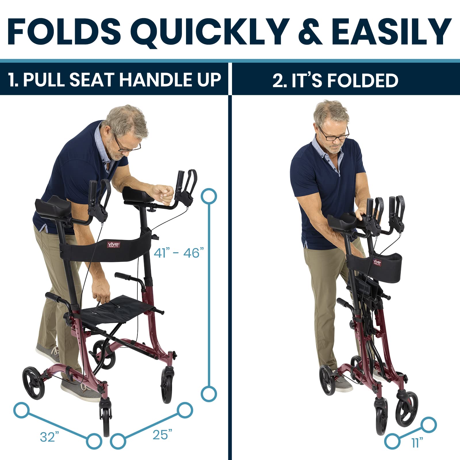 Vive Mobility Upright Walker with Seat - Stand Up Rollator, Arm Rests, Heavy Duty, Folding Medical Aid Scooter for Elderly, Seniors - Walking Assist, Foldable Transport Chair - 300 lb Capacity