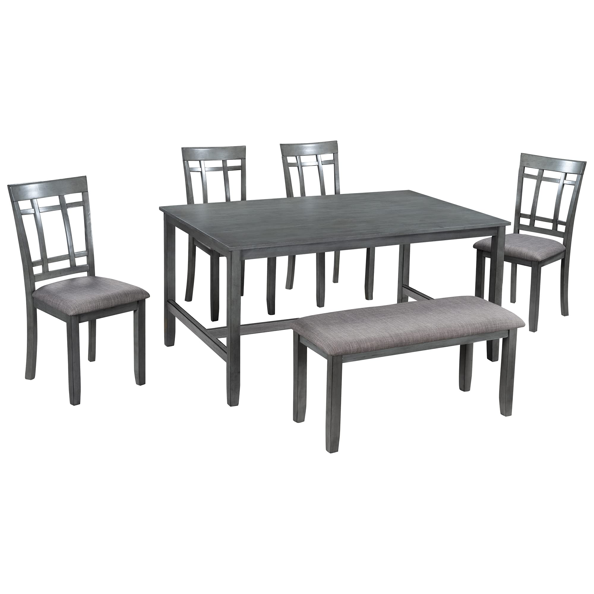 LUMISOL 6 Piece Dining Room Table Set with Bench and Chairs Upholstered Seating, Solid Wood Kitchen Dining Furniture Set Farmhouse Style