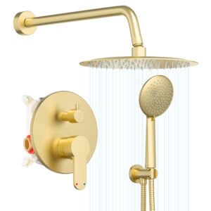 gabrylly shower system, gold shower faucet set with pressure balance shower valve, 12 inch gold shower heads with handheld spray combo, wall mounted shower fixtures, brushed gold