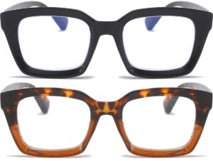 reavee 2 pack oprah style oversized reading glasses for women men blue light blocking, ladies stylish retro square large computer readers (black/leopard 1.5x)