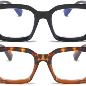 REAVEE 2 Pack Oprah Style Oversized Reading Glasses for Women Men Blue Light Blocking, Ladies Stylish Retro Square Large Computer Readers (Black/Leopard 1.5x)