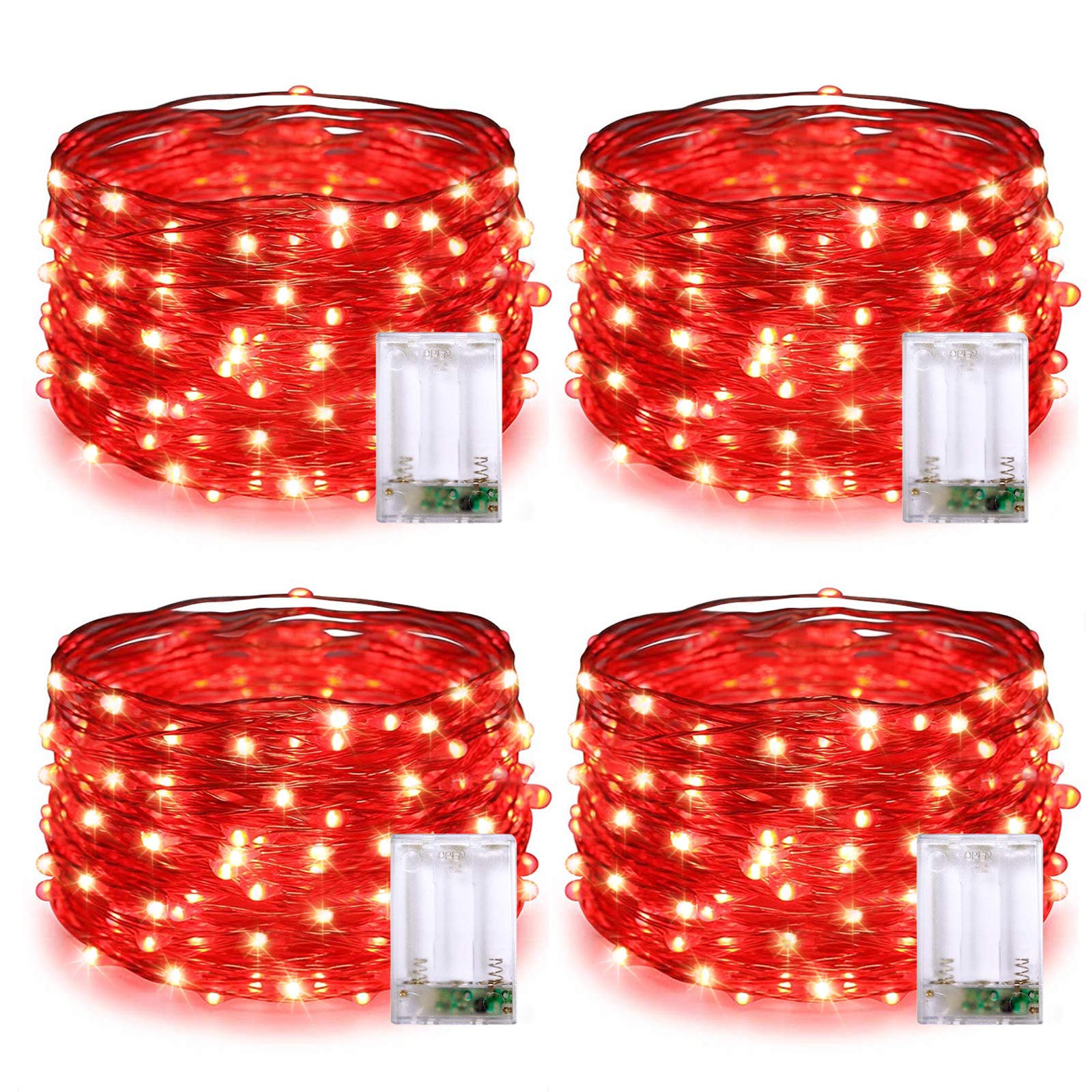 JMEXSUSS 4 Pack 50 LED Red Fairy Lights Battery Operated, 16.1ft Mini Firefly Starry Lights, Red String Lights for Bedroom Wedding Party Christmas Halloween Decorations