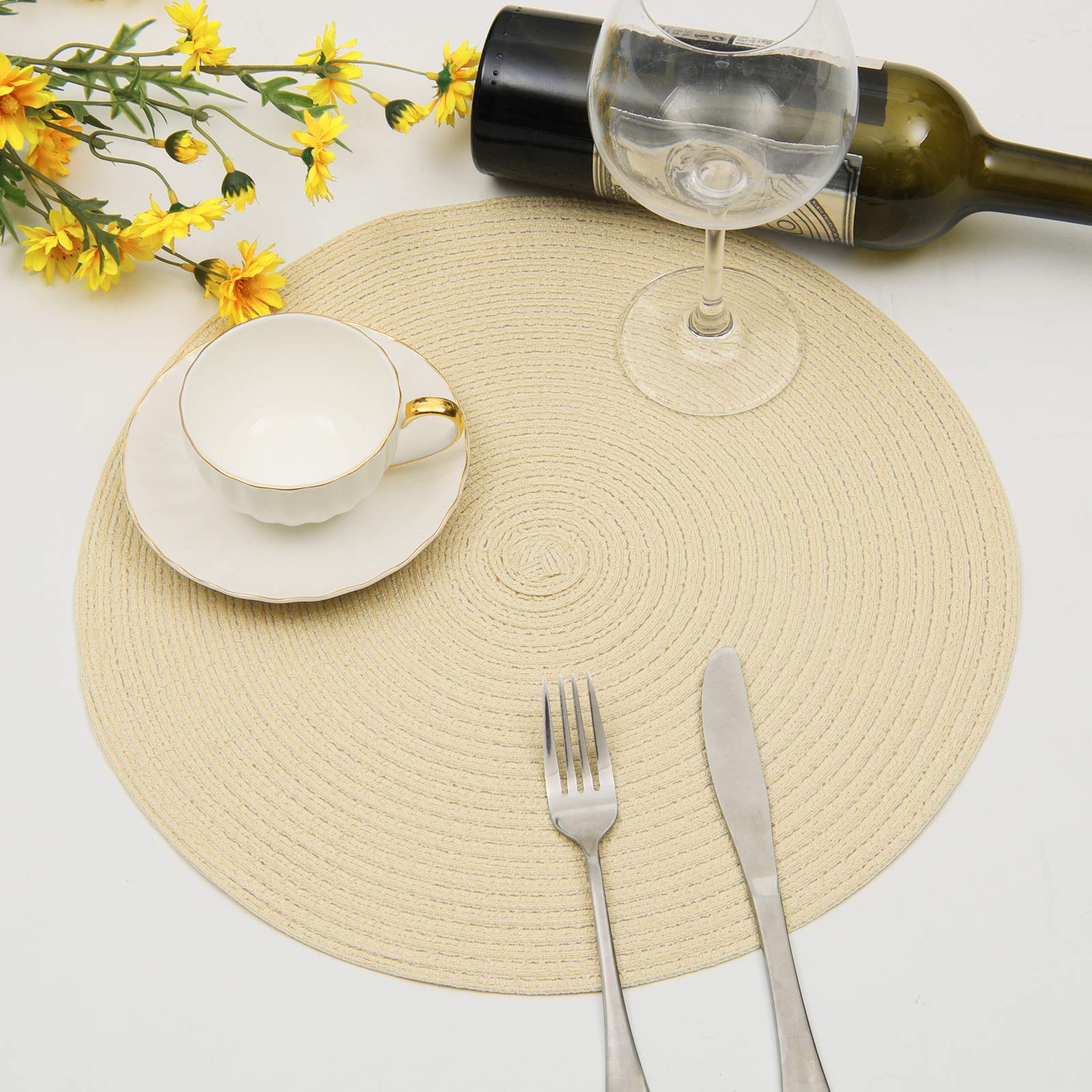 SHACOS Round Braided Placemats Set of 6 Round Table Mats for Dining Tables 15 inch (Cream, 6)