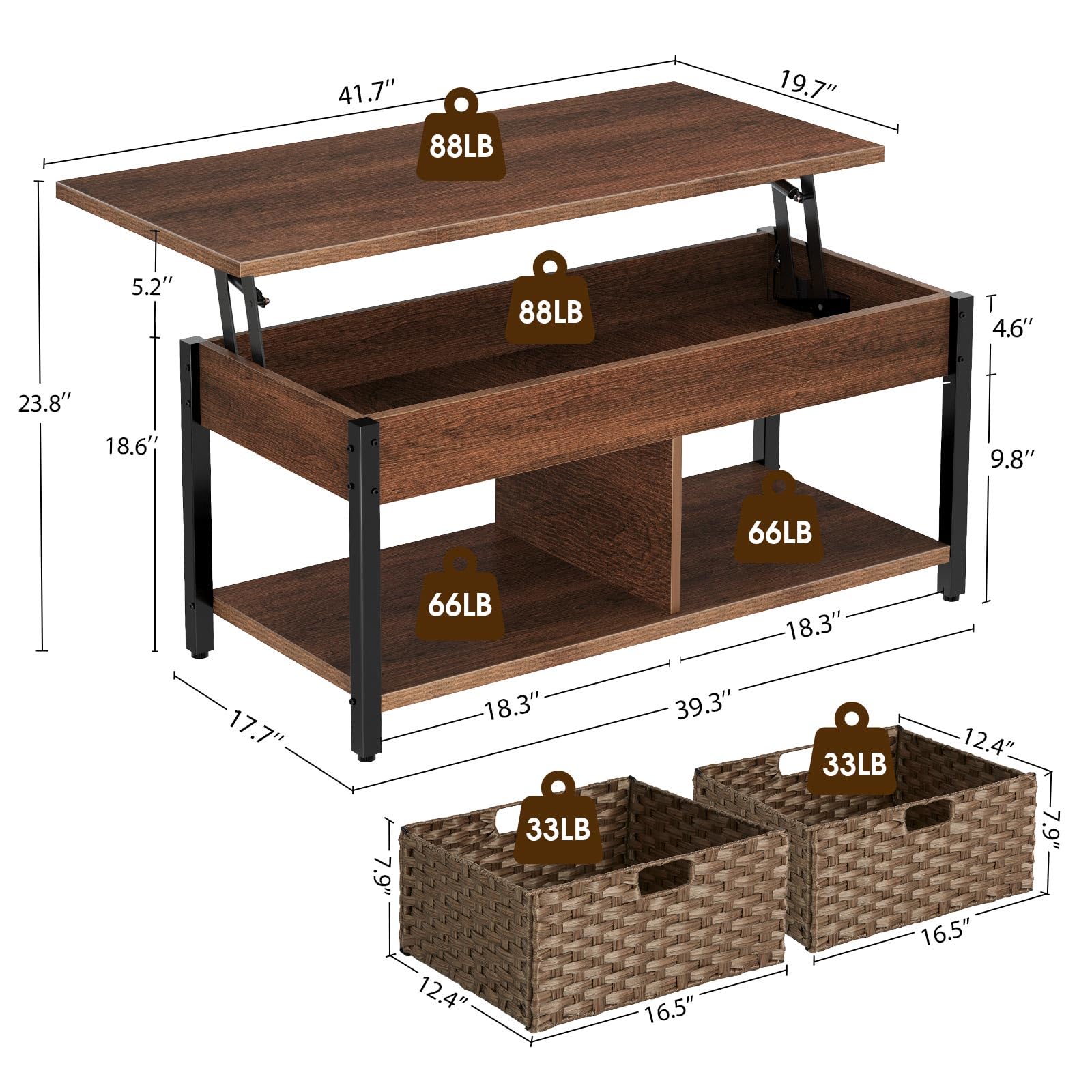 Rolanstar Lift Top Coffee Table with Hidden Storage Compartment and 2 Rattan Baskets, 41.7" Retro Central Table with Wooden Lift Tabletop and Metal Frame for Living Room, Espresso