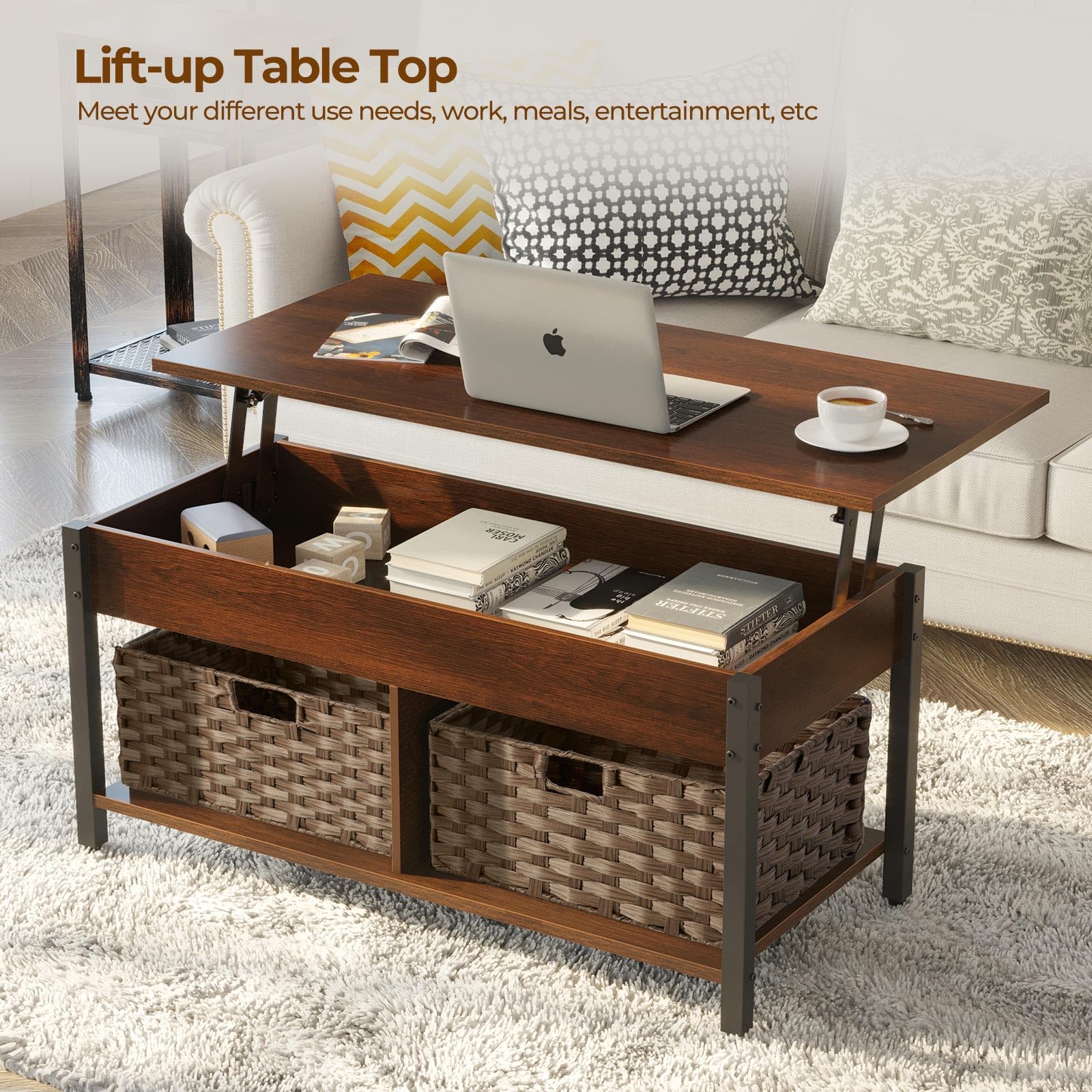 Rolanstar Lift Top Coffee Table with Hidden Storage Compartment and 2 Rattan Baskets, 41.7" Retro Central Table with Wooden Lift Tabletop and Metal Frame for Living Room, Espresso