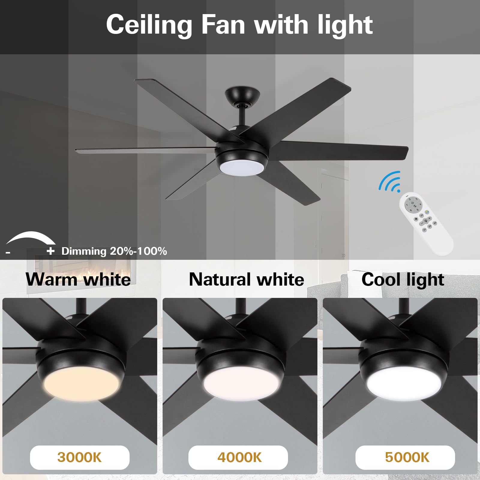 hykolity 52 inch Ceiling Fans with Integrated LED Lights and Remote Control, 6 Blades, 6 Speed, Dimmable, 3CCT, Quiet Reversible Motor, Indoor Modern Ceiling Fan - Black