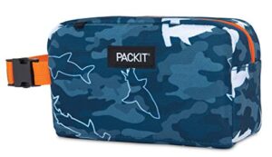 packit freezable snack box, camo shark, built with ecofreeze technology, collapsible, reusable, zip closure with buckle handle, great for fresh snacks on the go