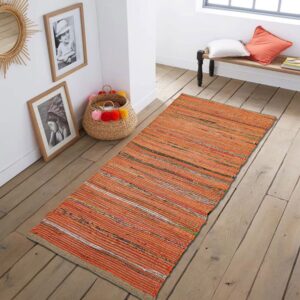 chardin home jute & rust cotton rags runner rug. boho farmhouse country home decor long rug reversible mat | 2x5 feet orange/jute