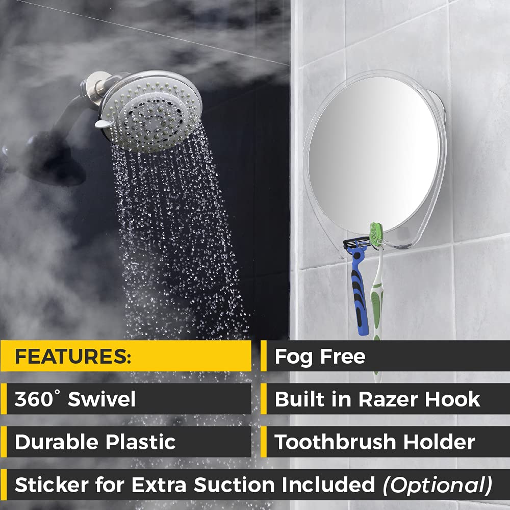 HONEYBULL Shower Mirror Fogless for Shaving - with Suction, Razor Holder for Shower & Swivel, Small Mirror, Shower Accessories, Bathroom Mirror, Holds 2 Razors (Extra-Large White)