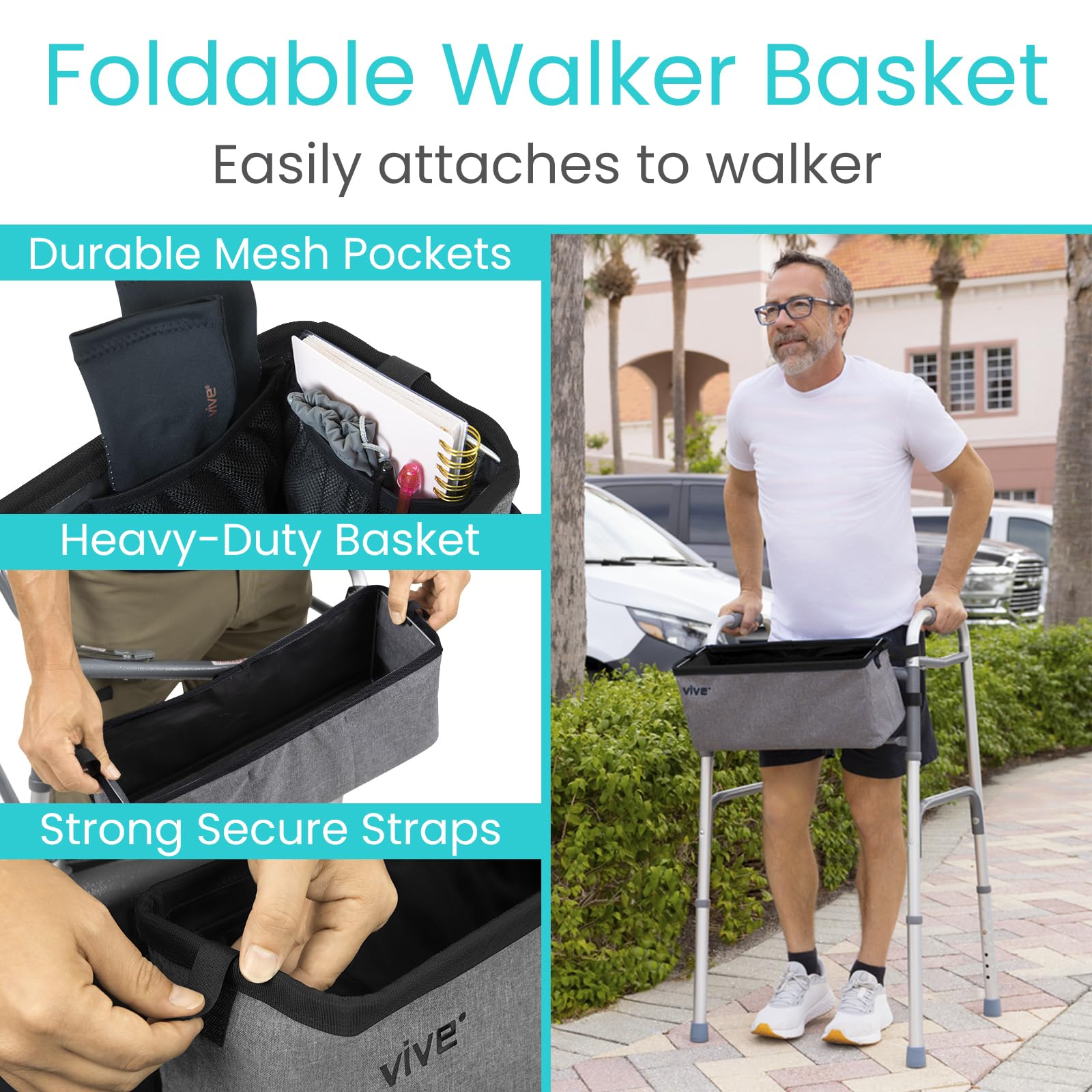 Vive Walker Basket Accessories Bag - Tray for Folding Walker with Water Cup Holder & Pockets - Universal Large Capacity Storage Container for Seniors, Elderly - Storage Mobility Aid Pouch (Gray)