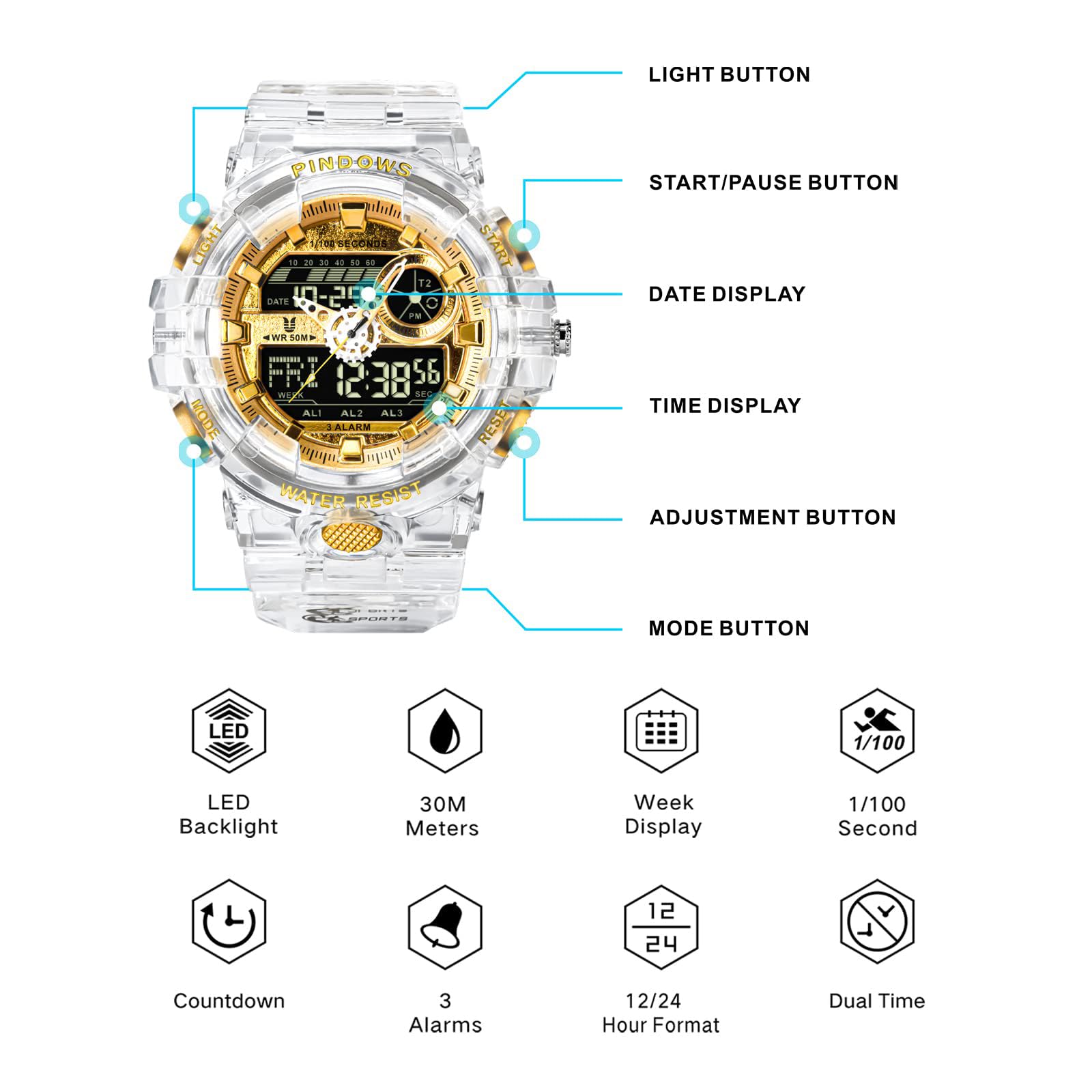 PINDOWS Watch for Men Digital Sports Watch, Outdoor Waterproof Military, LED Screen Large Face Dual Dial Time and Stopwatch Alarm Wristwatch (White Gold)