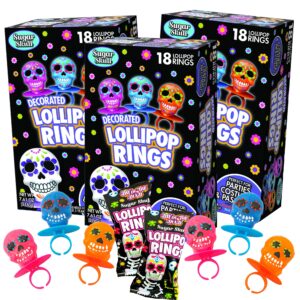 Halloween Day of the Dead Sugar Skull Lollipop Rings, Box of 18 Pack of 3