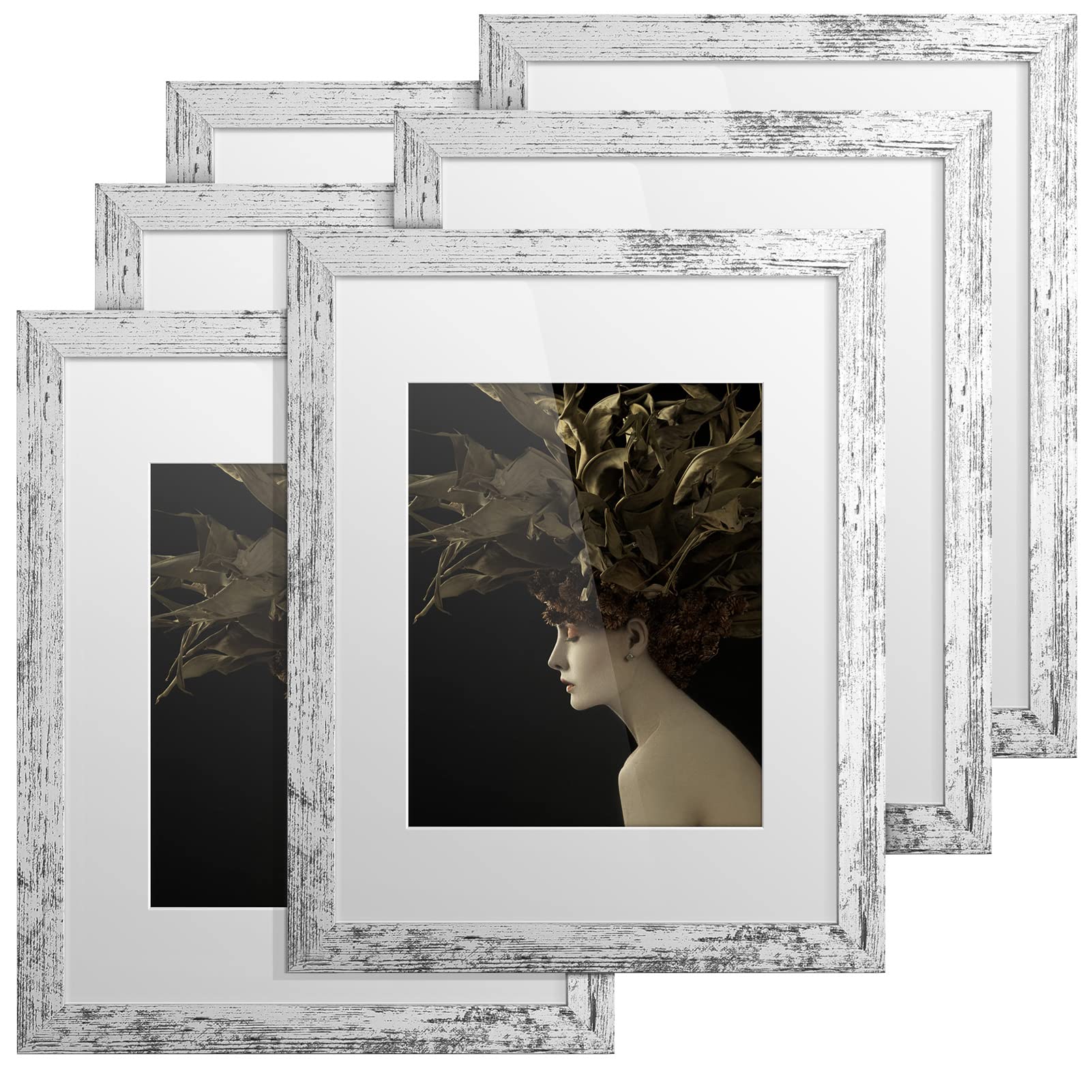 TWING Rustic Picture Frames 11x14 Set of 6, Distressed White Composite Wood Large Gallery Wall Frame Set Display Photos 8x10 with Mat or 11x14 without Mat Wall Mounting, Ideal Valentine Gifts for