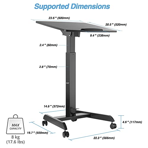 AVLT 47" Height Adjustable Mobile Workstation with Tilting Desk (3 ft 11 inches) - Foot Pedal Pneumatic Standing Desk Cart - Mobile Laptop Cart - Mobile Black Cart with Brake Casters