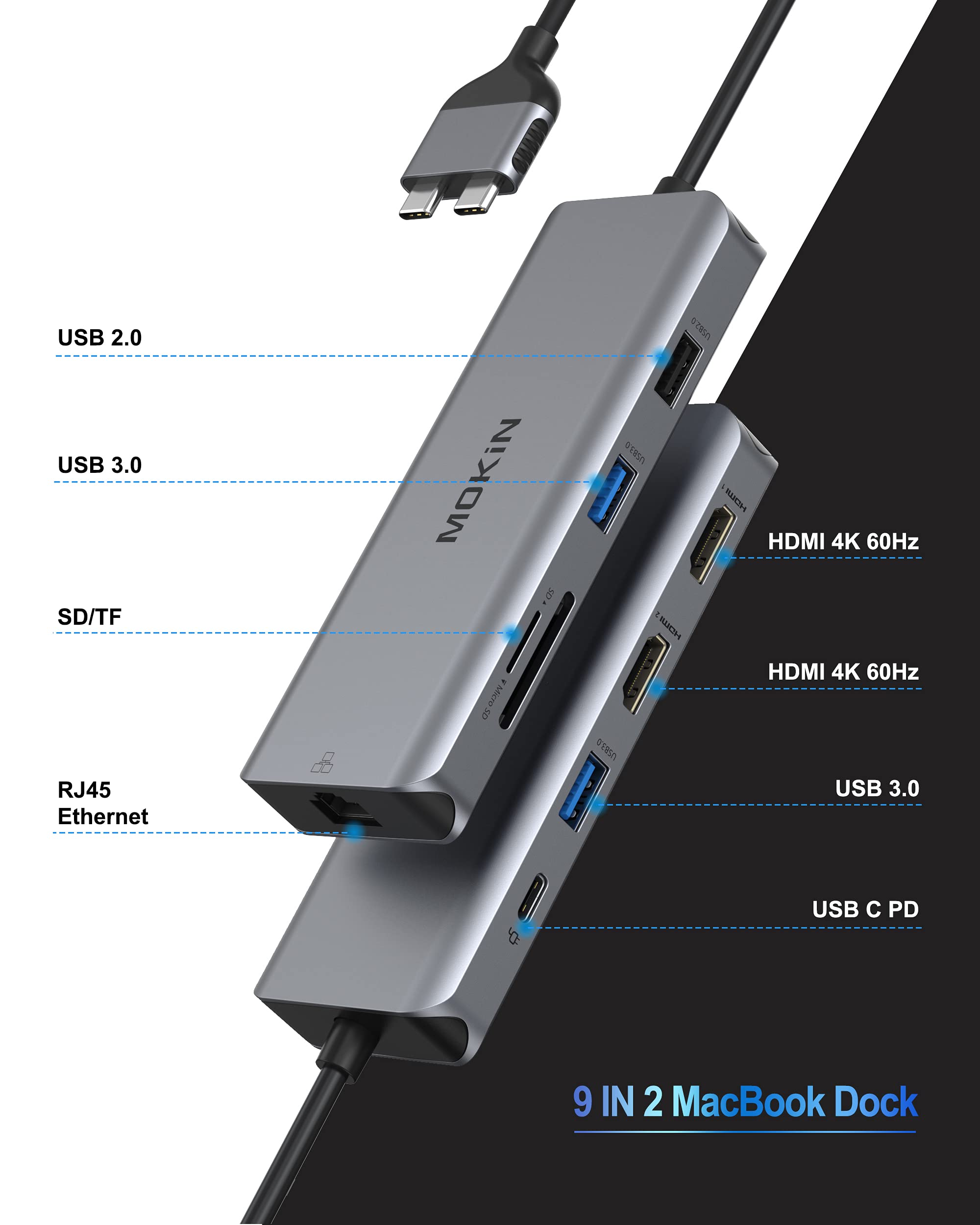 MacBook Pro Docking Station Dual Monitor MacBook Pro HDMI Adapter,9 in 1 USB C Adapters for MacBook Pro Air Mac HDMI Dock Dongle Dual USB C to Dual HDMI Ethernet 3USB SD/TF100W PD