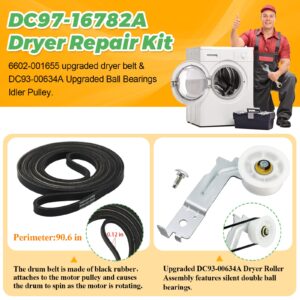 Dryer Repair Kit Fit for Samsung DV42H5000EW/A3 DV45H7000EW/A2 DV48H7400EW/A2 DV42H5200EP/A3 DV40J3000EW/A2, Includes DC97-16782A Samsung Dryer Roller, 6602-001655 Dryer Belt, DC93-00634A Idler Pulley