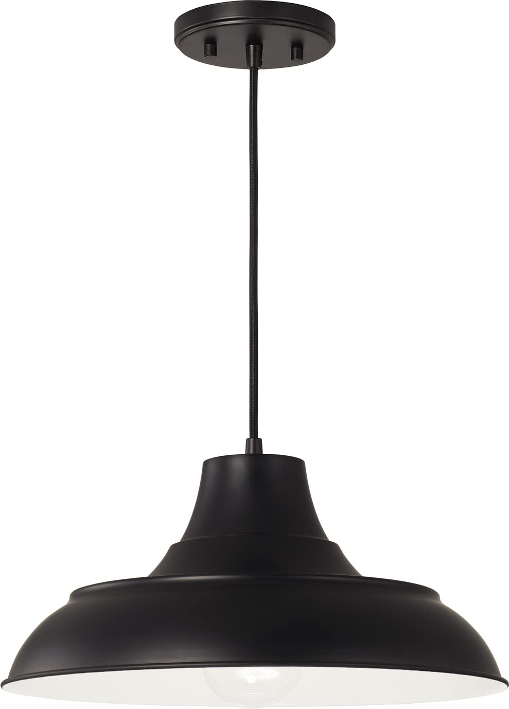 Capital Lighting 342111MB Jones Urban/Industrial Black Metal Shade with White Interior Pendant Light Fixture, 1-Light 100 Watt, 8" H x 15" W, Matte Black