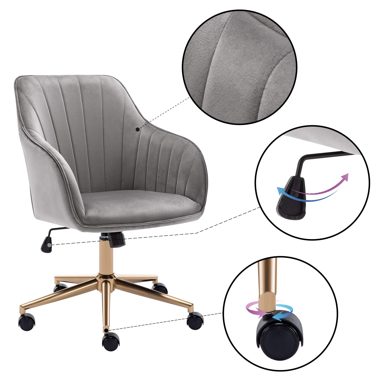 DUHOME Home Office Chair Computer Desk Chair Armchair Task Chair Velvet Upholstered Chair Height Adjustable Comfortable Stool Swivel Rolling Chair with Gold Metal Base for Office Study Grey