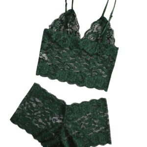 Lilosy Sexy Women Floral Lace Pajamas Lingerie Set High Waist Sheer Sleepwear See Through Nightwear Cami Shorts Bra and Panty 2 Piece Army Green Large