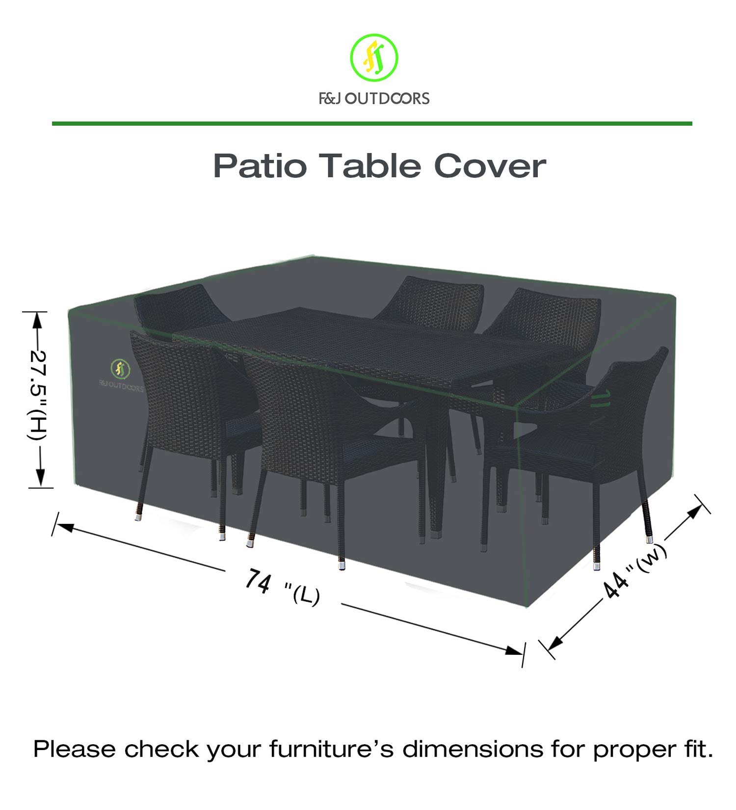 F&J Outdoors Outdoor Table Covers Waterproof UV-Resistant Snow Protection Patio Furniture Cover for Rectangular/Oval Dining Tables, 74 x 44 x 27.5 inches, Grey