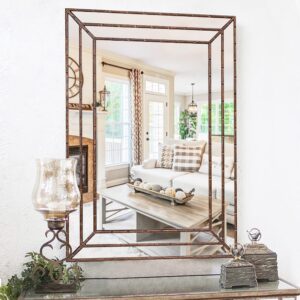 chende large decorative wall mirror for decor, 33" x 24" entryway mirror with bronze finish and beveled edge, wood farmhouse mirror for dining room, living room, hallway