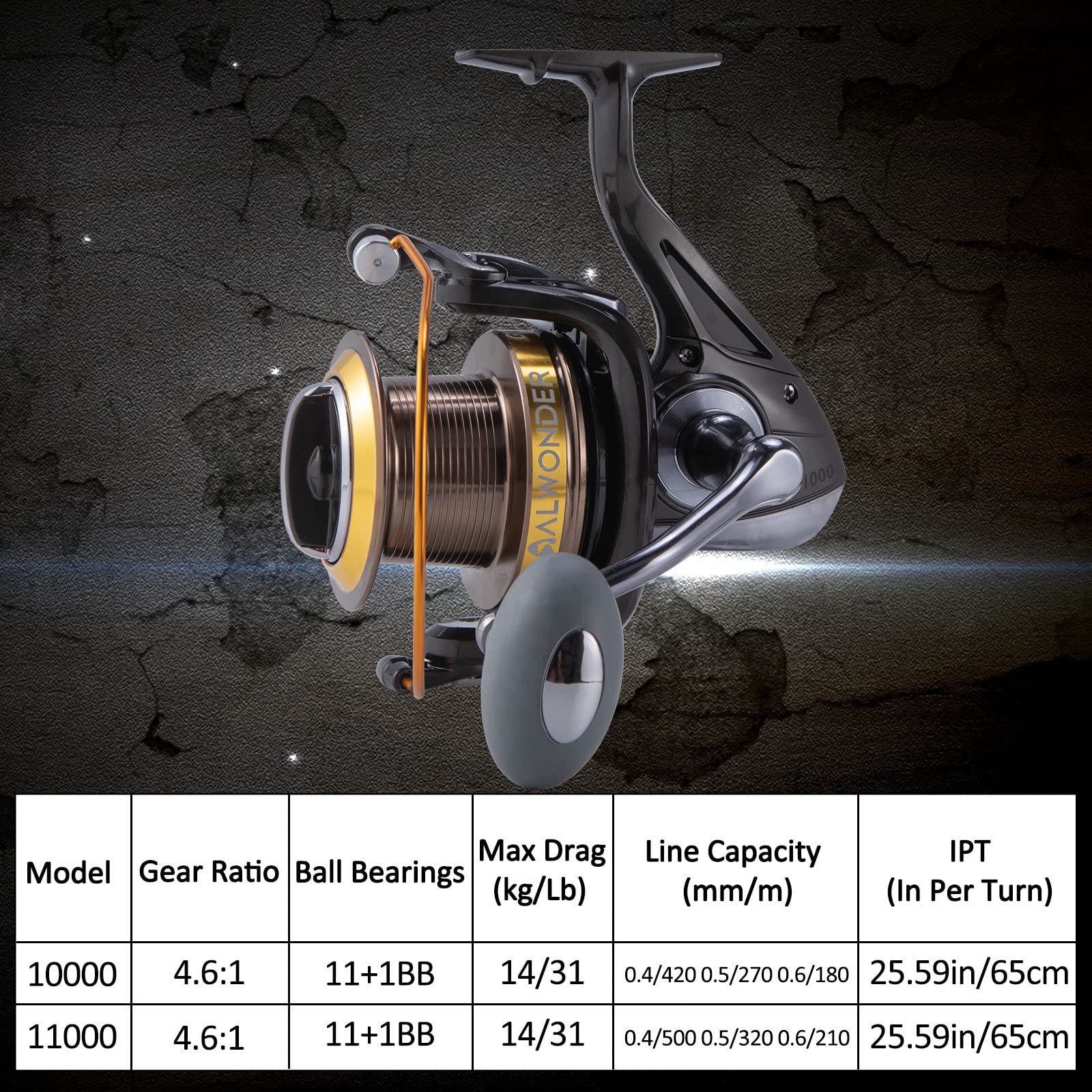 Alwonder Saltwater 10000 Spinning Reel for Surf Casting, 11+1 Stainless BB, 31 LB Drag, Graphite Body Long Casting Big Game Aluminum Spool Ocean Fishing Reel