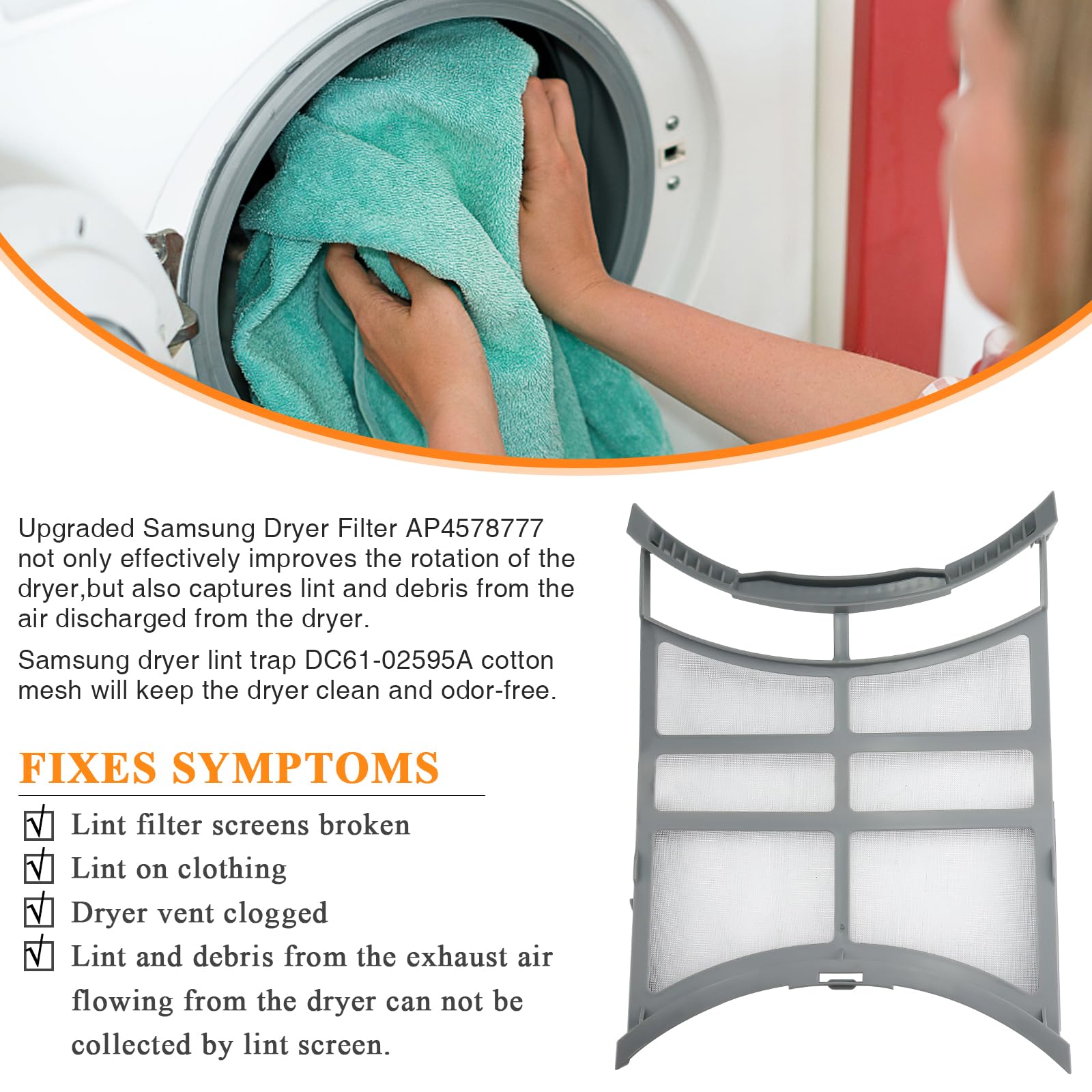 2024 Upgraded DC61-02595A AP4578777 Dryer Lint Filter Case Screen by Blutoget-Dryer lint trap filter Fit for Samsung Dryer-DVE45T6000W, DV42H5200EW/A3, DV42H5000EW/A3,2069505, PS4206799, EAP4206799