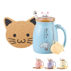 BigNoseDeer Cute Mugs Kawaii Cat Mug Ceramic Coffee Mug Tea Cup with Infuser and Lid Spoon Tea Mug Cute Cool Preppy Stuff Gifts for Women (Blue 13oz)