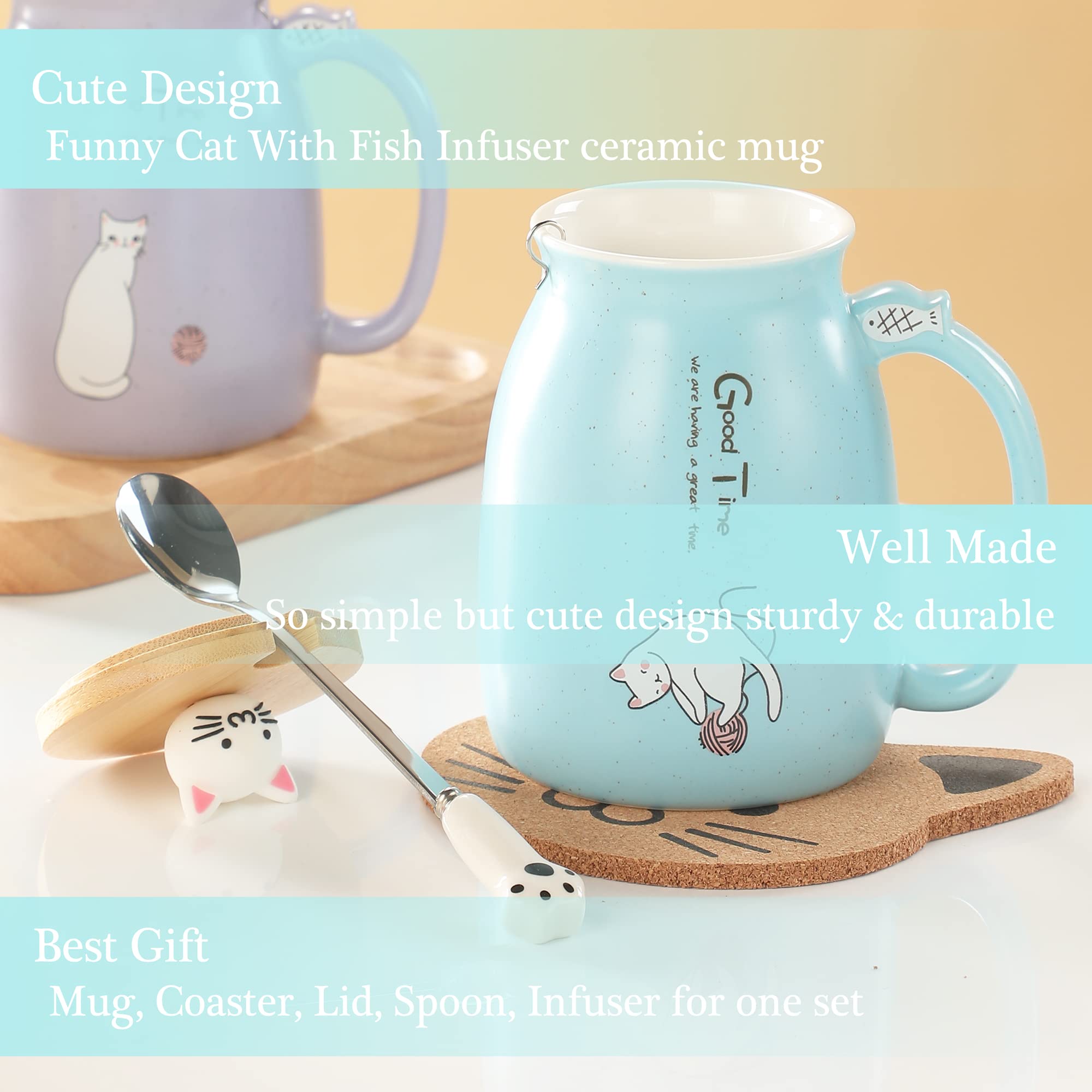 BigNoseDeer Cute Mugs Kawaii Cat Mug Ceramic Coffee Mug Tea Cup with Infuser and Lid Spoon Tea Mug Cute Cool Preppy Stuff Gifts for Women (Blue 13oz)