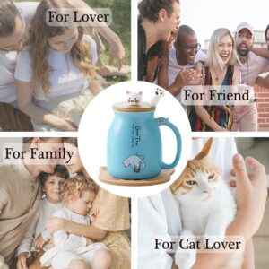 BigNoseDeer Cute Mugs Kawaii Cat Mug Ceramic Coffee Mug Tea Cup with Infuser and Lid Spoon Tea Mug Cute Cool Preppy Stuff Gifts for Women (Blue 13oz)