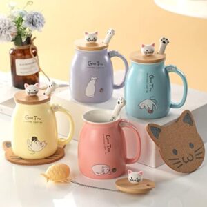 BigNoseDeer Cute Mugs Kawaii Cat Mug Ceramic Coffee Mug Tea Cup with Infuser and Lid Spoon Tea Mug Cute Cool Preppy Stuff Gifts for Women (Blue 13oz)