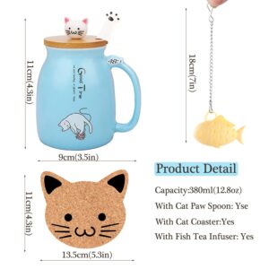 BigNoseDeer Cute Mugs Kawaii Cat Mug Ceramic Coffee Mug Tea Cup with Infuser and Lid Spoon Tea Mug Cute Cool Preppy Stuff Gifts for Women (Blue 13oz)