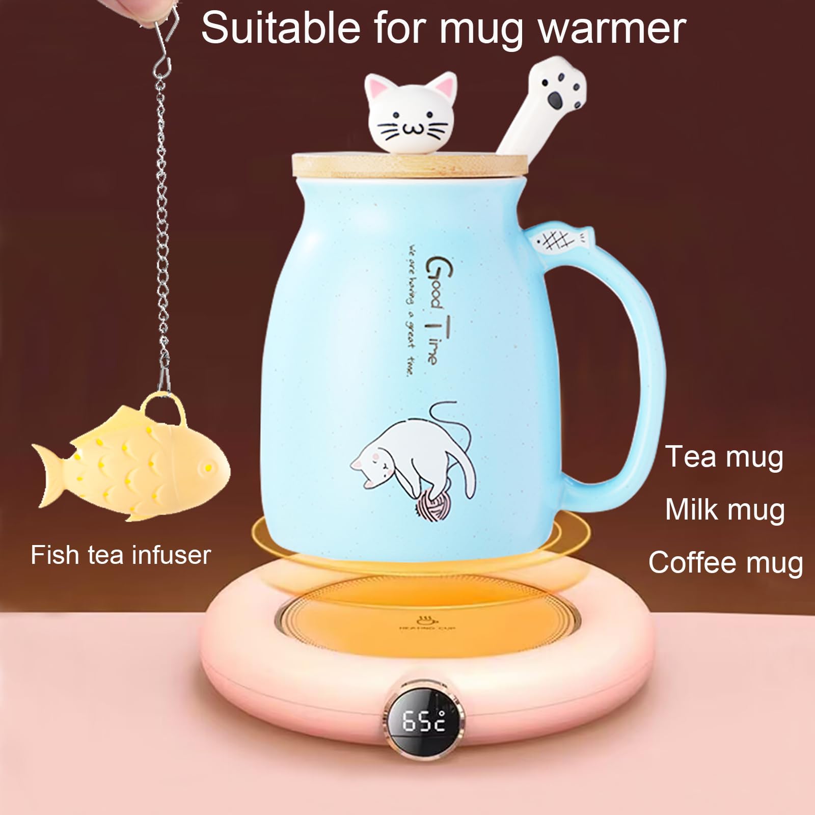 BigNoseDeer Cute Mugs Kawaii Cat Mug Ceramic Coffee Mug Tea Cup with Infuser and Lid Spoon Tea Mug Cute Cool Preppy Stuff Gifts for Women (Blue 13oz)