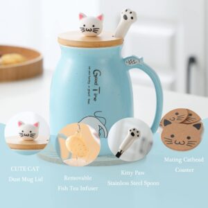 BigNoseDeer Cute Mugs Kawaii Cat Mug Ceramic Coffee Mug Tea Cup with Infuser and Lid Spoon Tea Mug Cute Cool Preppy Stuff Gifts for Women (Blue 13oz)