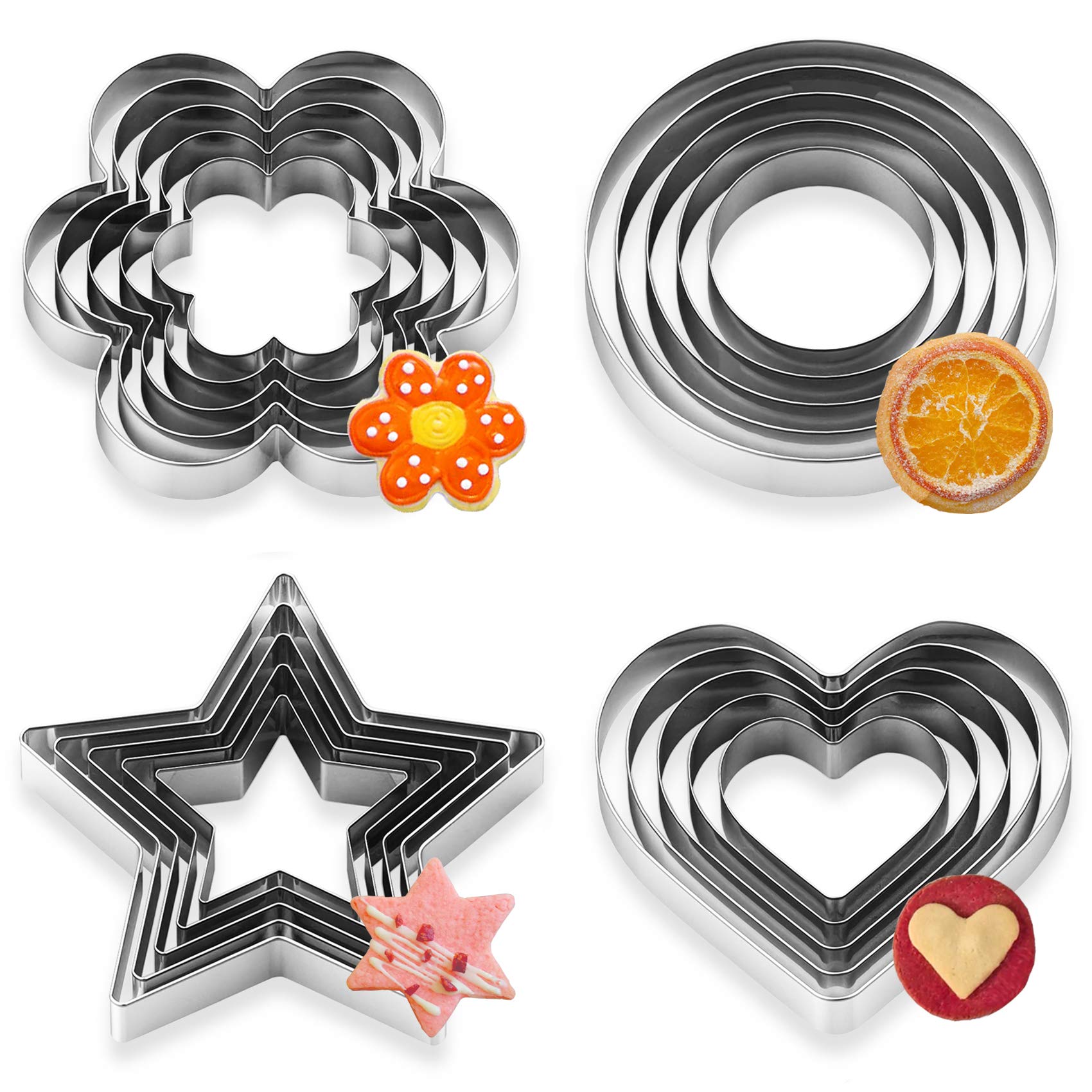 Strone Cookie Cutters, 20 Pcs Cookie Cutters Set Stainless Steel Multi-Size Biscuit Cutters Sandwich Fruit Cutting Shapes Heart, Star, Circle, Flower Metal Molds