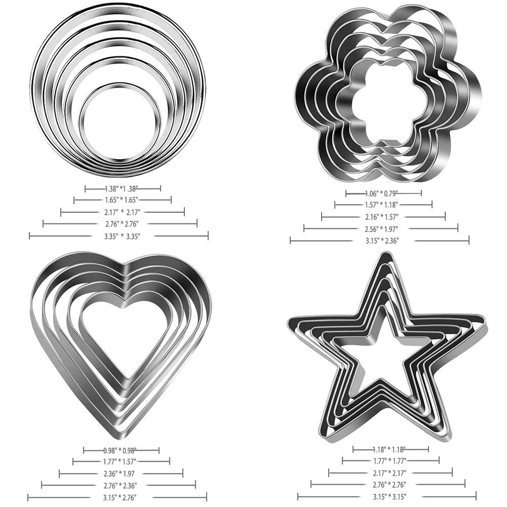 Strone Cookie Cutters, 20 Pcs Cookie Cutters Set Stainless Steel Multi-Size Biscuit Cutters Sandwich Fruit Cutting Shapes Heart, Star, Circle, Flower Metal Molds